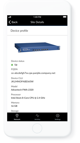 mobile screen view of a device and attributes like domain name, model and processor numbers, and memory and storage capacities.